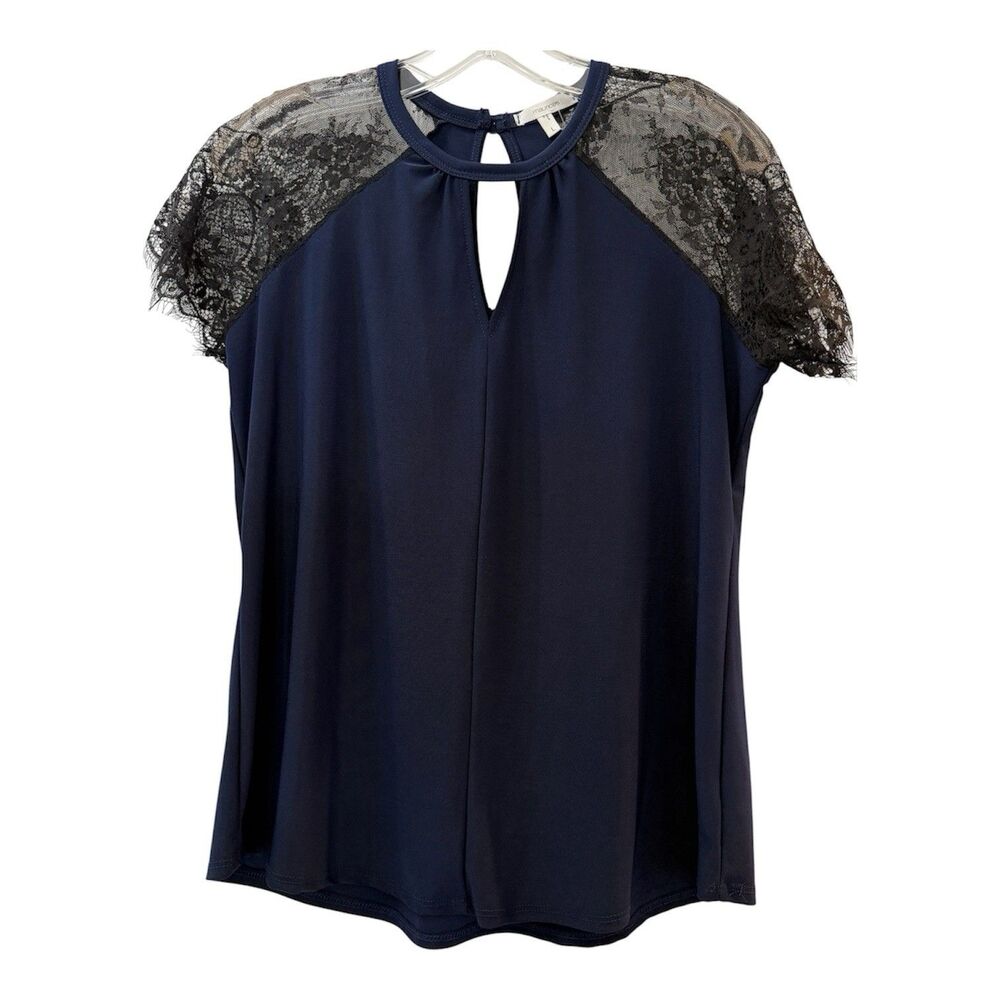 Maurices Top Size Large Navy with Black Sheer Lace Sleeves Keyhole Neckline NWT